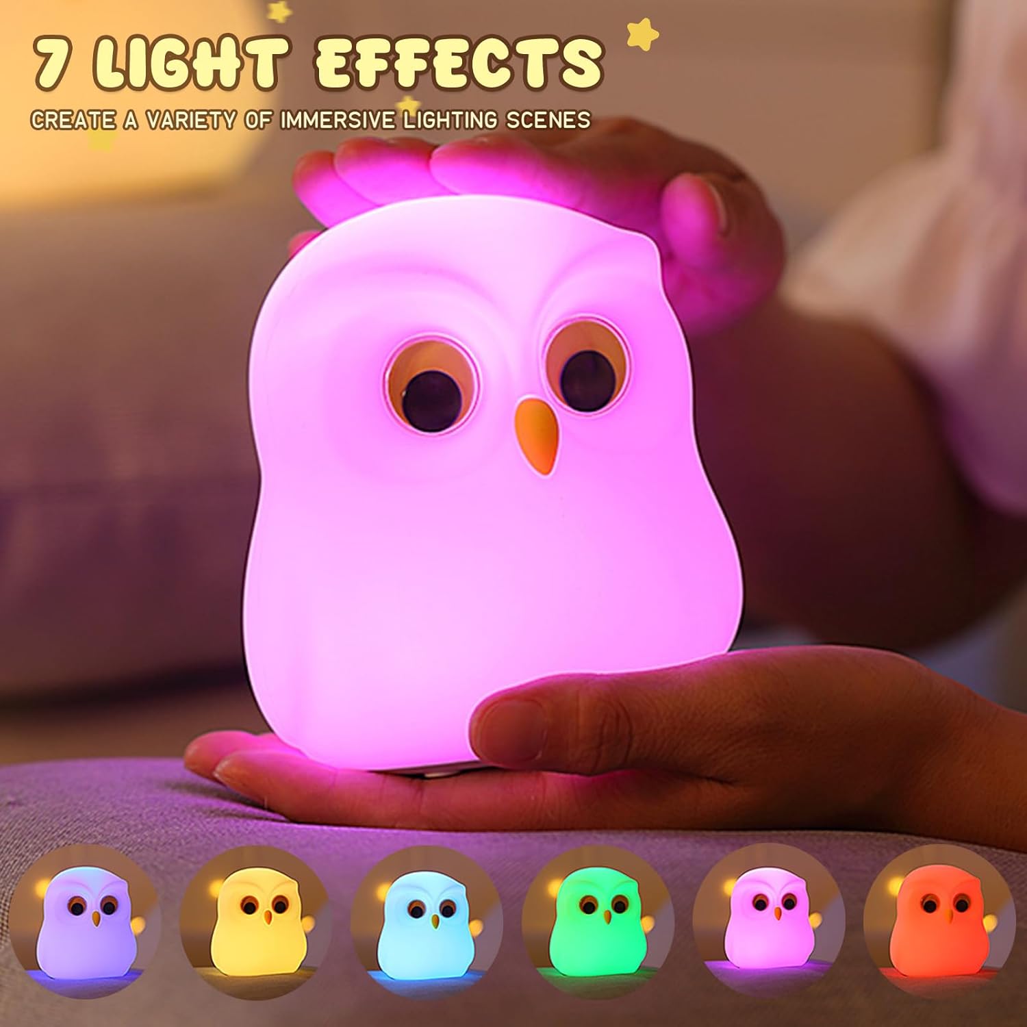 Night Light for Kids, 7 Color RGB Changing Owls Kids Night Light, Cute Silicone Owls Nightlight for Baby and Toddler Gifts, Kawaii Bedside Lamp for Sleep Aid, Breastfeeding