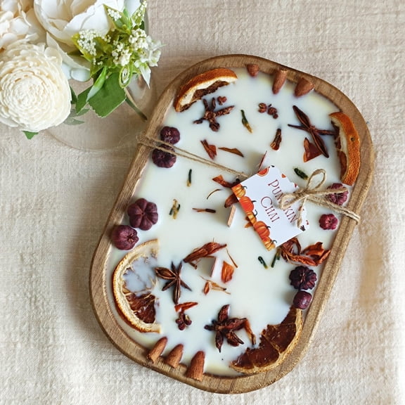 XINAOBAOLUO Handmade Soy Wax Dough Bowl Lavender Scented Candle, 3 Cotton Wicks, Wooden with Dried Fruit Decor, Autumn Home Decor Halloween Gift