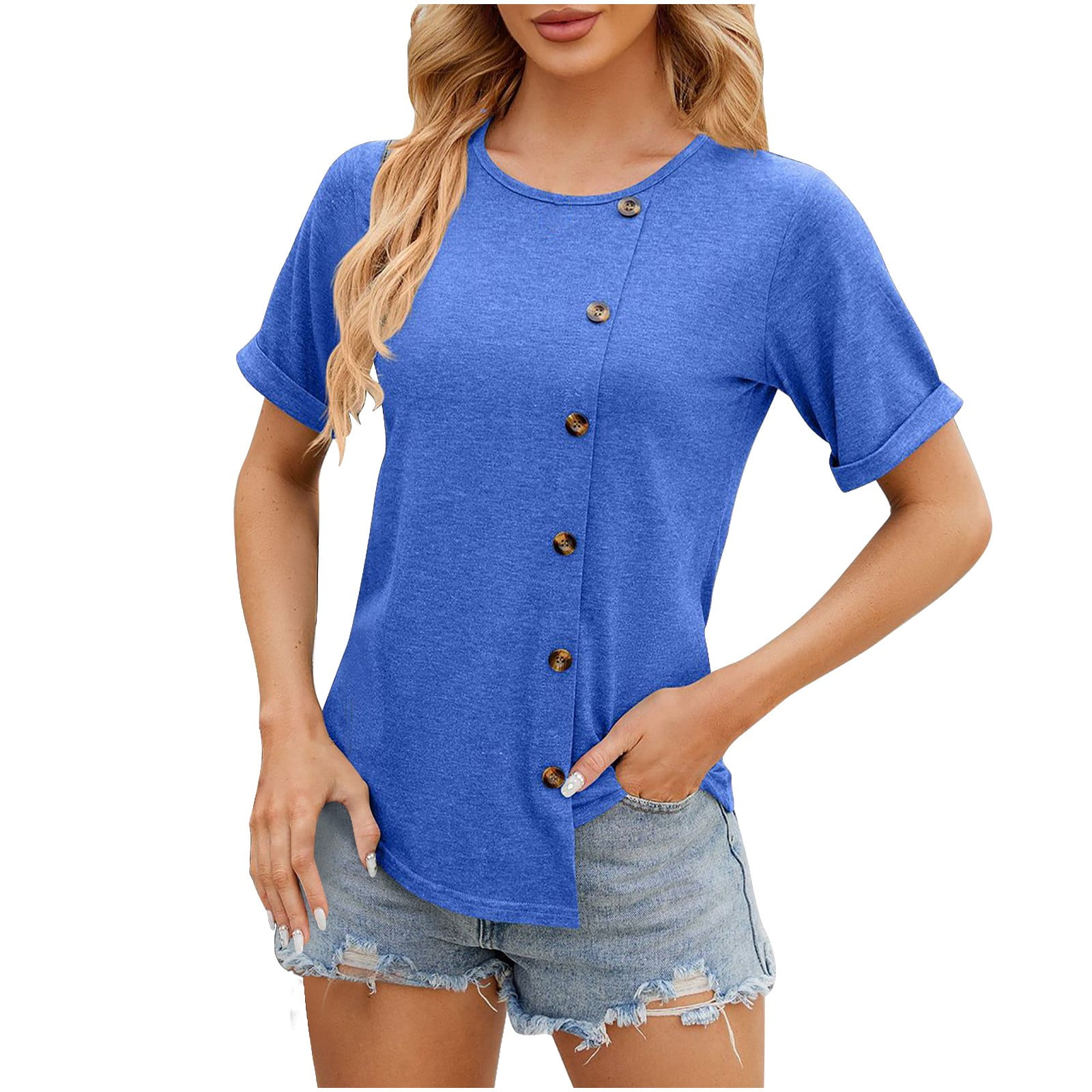 Beimuc Women's Summer Short Sleeve T-Shirt - Side Split Loose Tunic Top In Blue (XX-Large) | Casual Crewneck Tee - View #6