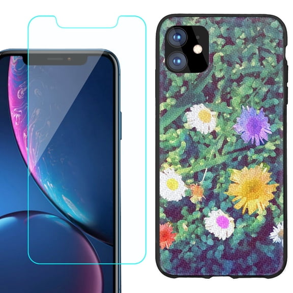 For Apple iPhone 11 Phone Case , Slim-Fit TPU Protective Case (Black), with Tempered Glass Screen Protector, by OneToughShield ® - Daisy Paint