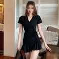 thumbnail image 4 of CNKOO Ladies Summer Style Korean Sexy Slim Solid Color Drawstring Pleated Design V-Neck Short-Sleeved Dress, 4 of 9