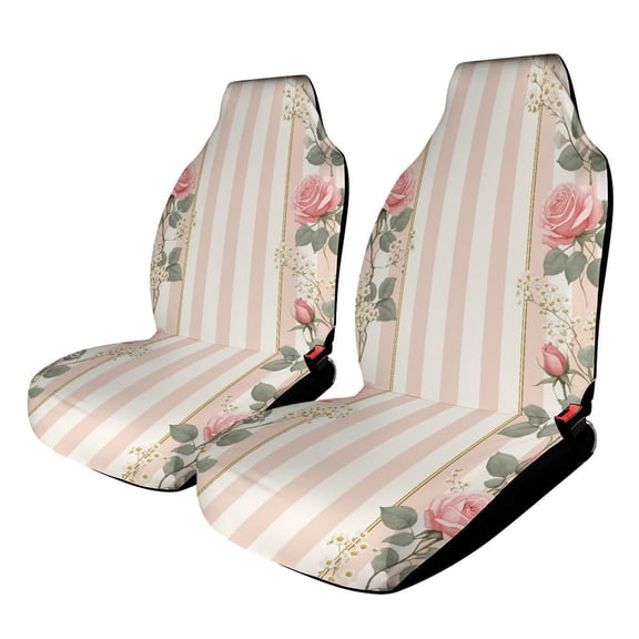 Pink Roses Daisies Stripes Gold Frame Set of 2Pcs Car Seat Covers Easy Clean Automobile Seat Protector Car Interior Accessories
