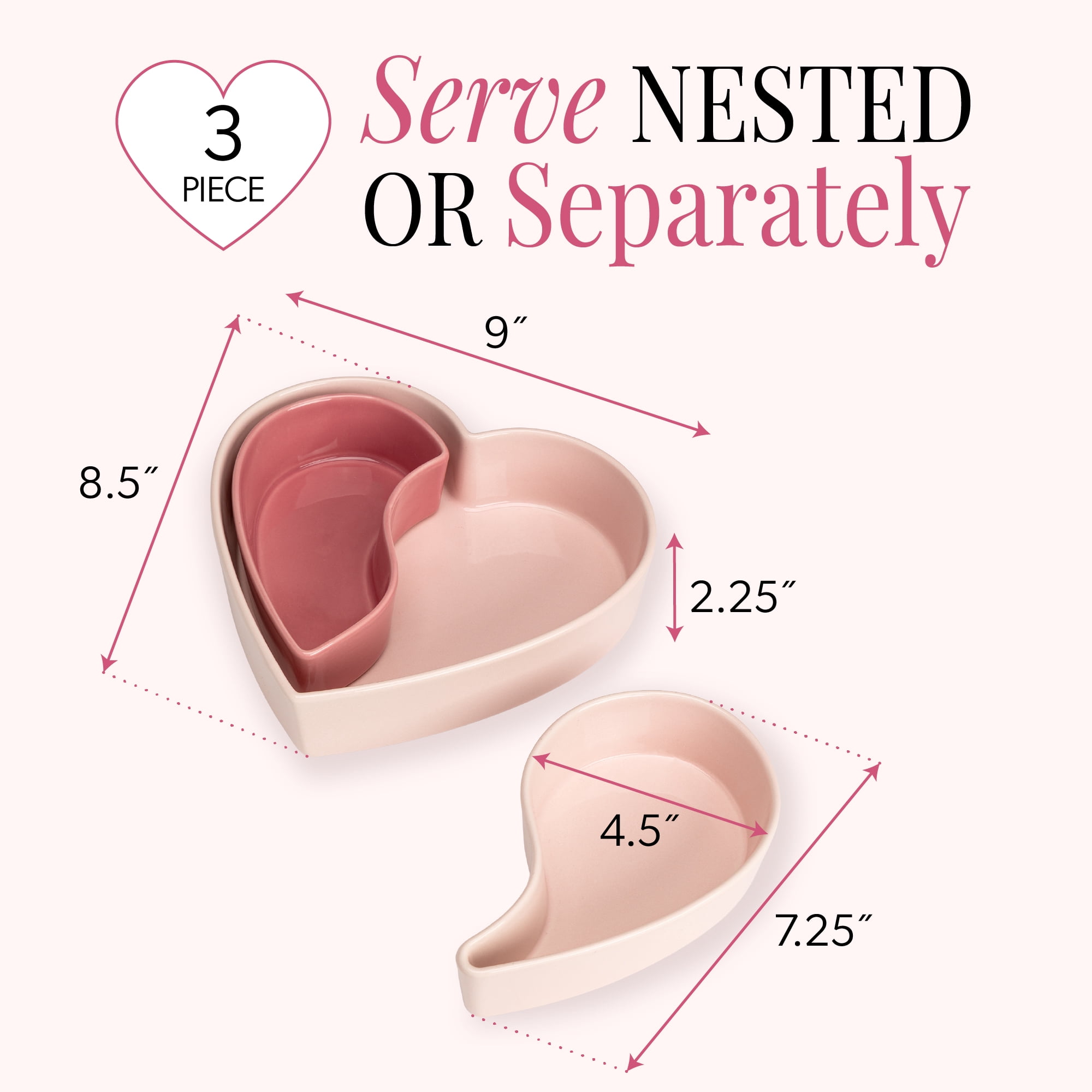 Paris Hilton 3-Piece Stoneware Heart Shaped Serving Dish Set, 5-Cup and 1.5-Cup Dishes, Microwave & Dishwasher Safe, Pink