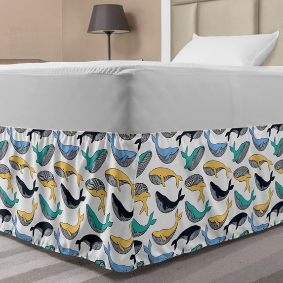 Whale Bed Skirt, Repeating Pattern with Colorful Cartoonish Aquatic Mammal Animals on Plain Backdrop, Elastic Bedskirt Dust Ruffle Wrap Around for Bedding Decor, 4 Sizes, Multicolor, by Ambesonne