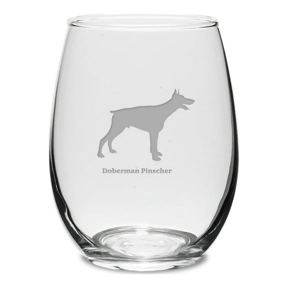 Doberman Pinscher Deep Etched 15 oz Stemless White Wine Glass