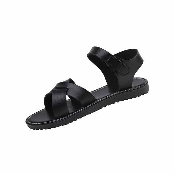 qkdmdw Black Women'S Sandals Flat Heels Open Toe Round Toe Adjustable Strap Comfort Casual Plus Size Available Outdoor Indoor Summer With Hook And Loop