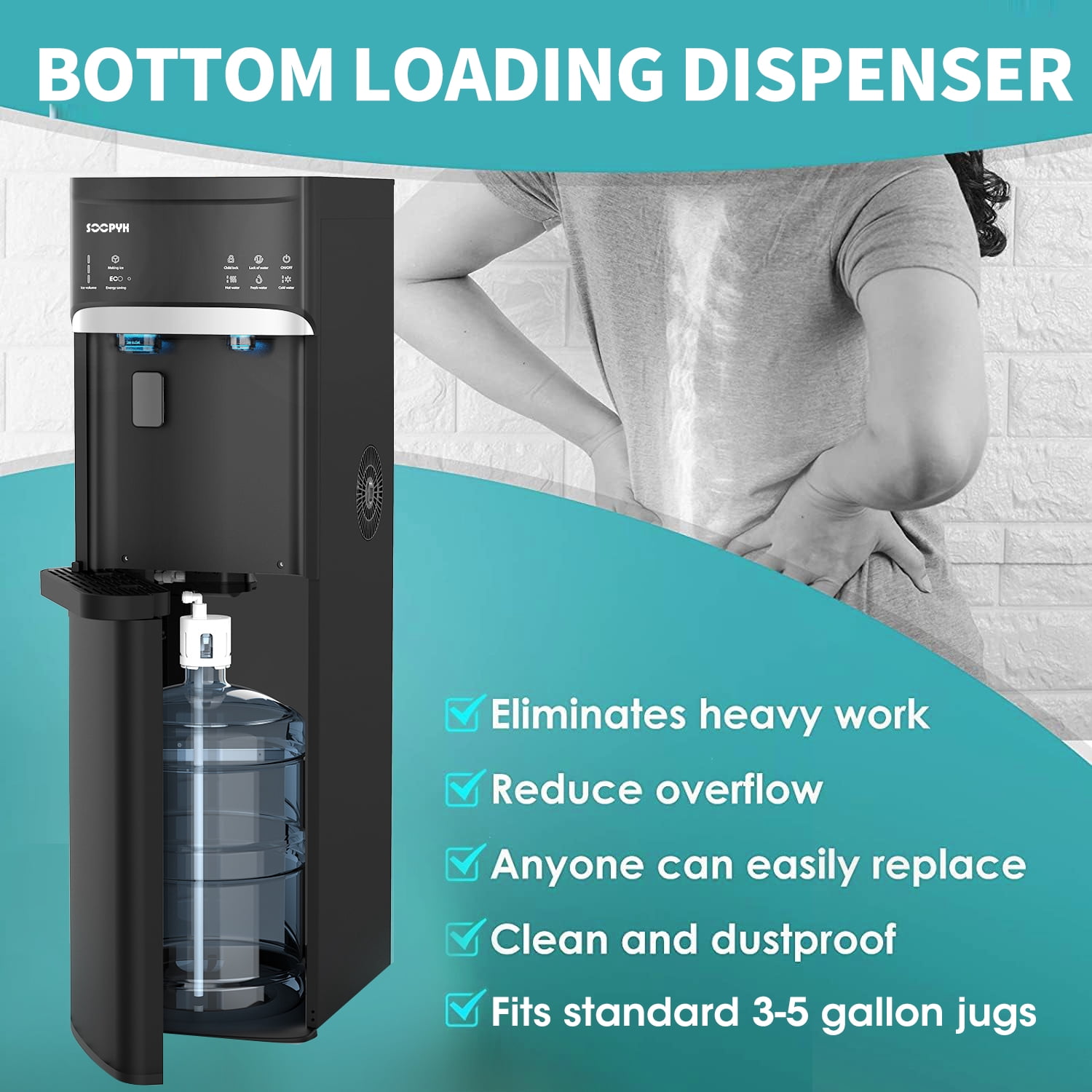SOOPYK Bottom Loading Water Dispenser with Nugget Ice Maker, 44lbs/Day,5 Gallon,Self-Clean,3-Temp(Cold/Hot/Room),Child Lock,for Home & Office,Black