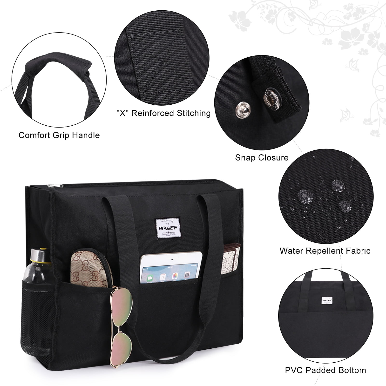 HAWEE Utility Work Tote Bags for Men with Laptop Layer and 15 Pockets for Commuting/ Travel/ Business, Black