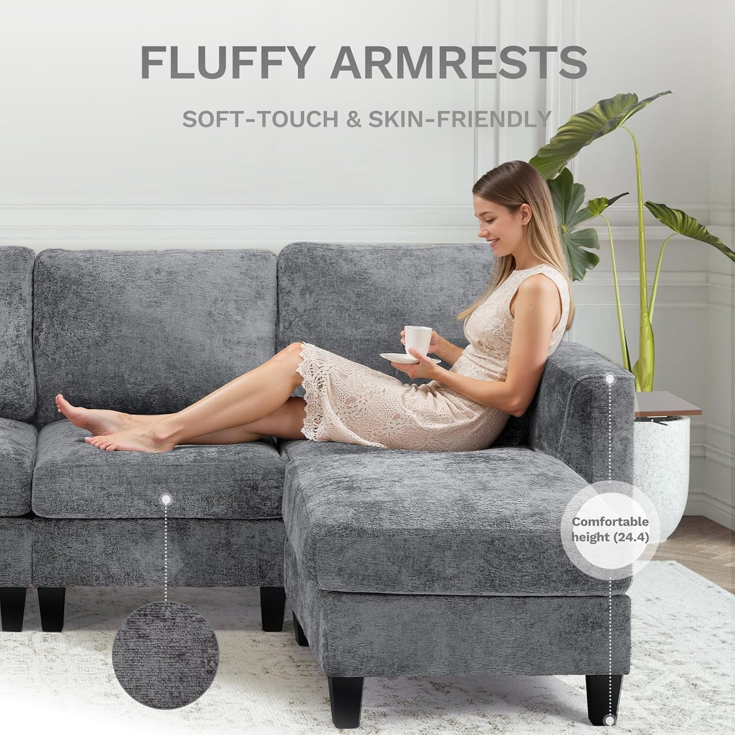 118" U Shaped Sectional Couches,4 Seat Modular Sofa with 2 Ottoman and Foldable Side Table for Living Room, Grey