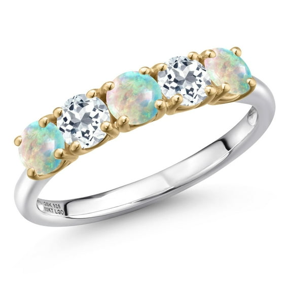 Gem Stone King 925 Silver and 10K Yellow Gold Simulated White Opal and White Topaz Wedding-Bands Ring for Women | 1.41 Cttw | Round Cabochon 4MM | Gemstone October Birthstone | Size 6