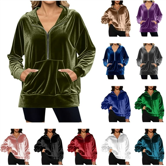 QATAINLAV Fashion Velvet Hoodies for Women Casual Half Zip Long Sleeve Hooded Sweatshirt Solid Color Loose Pullover Tops with Kangaroo Pocket, Wine, XXL