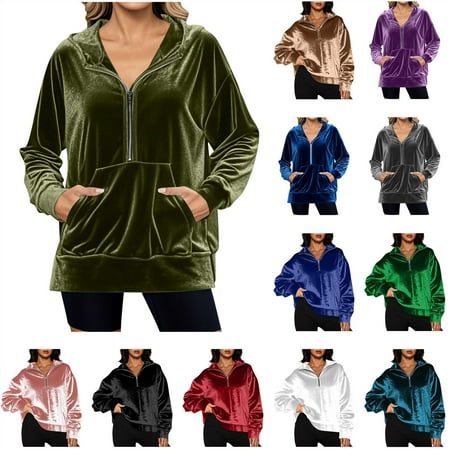 QATAINLAV Navy Women Quarter Zip Velvet Sweatshirts Trendy Long Sleeve Velour Pullover Tops Fall Winter Soft Shirt Party Clothes