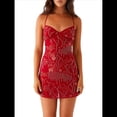 thumbnail image 1 of Vestido Corto Sin Mangas con Lentejuelas y Brillantes Diamantes de Imitación para Mujer, con Escote en V Profundo y Espalda Descubierta, Ideal para Fiestas Rojo S, 1 of 9