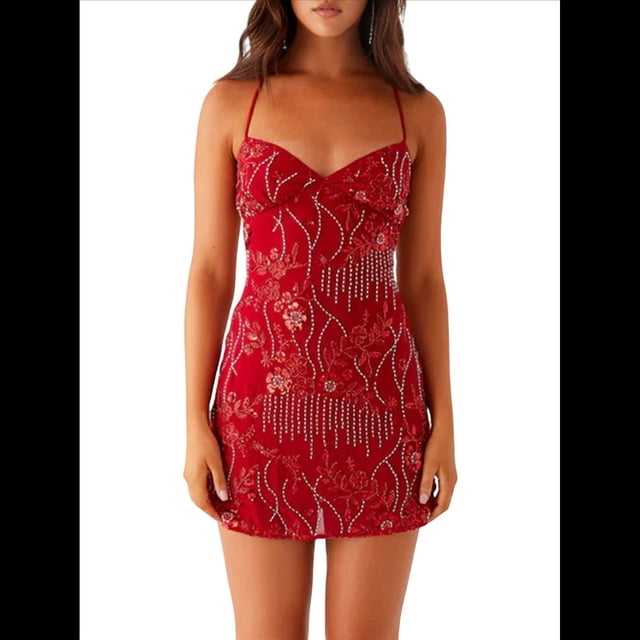 Vestido Corto Sin Mangas con Lentejuelas y Brillantes Diamantes de Imitación para Mujer, con Escote en V Profundo y Espalda Descubierta, Ideal para Fiestas Rojo S