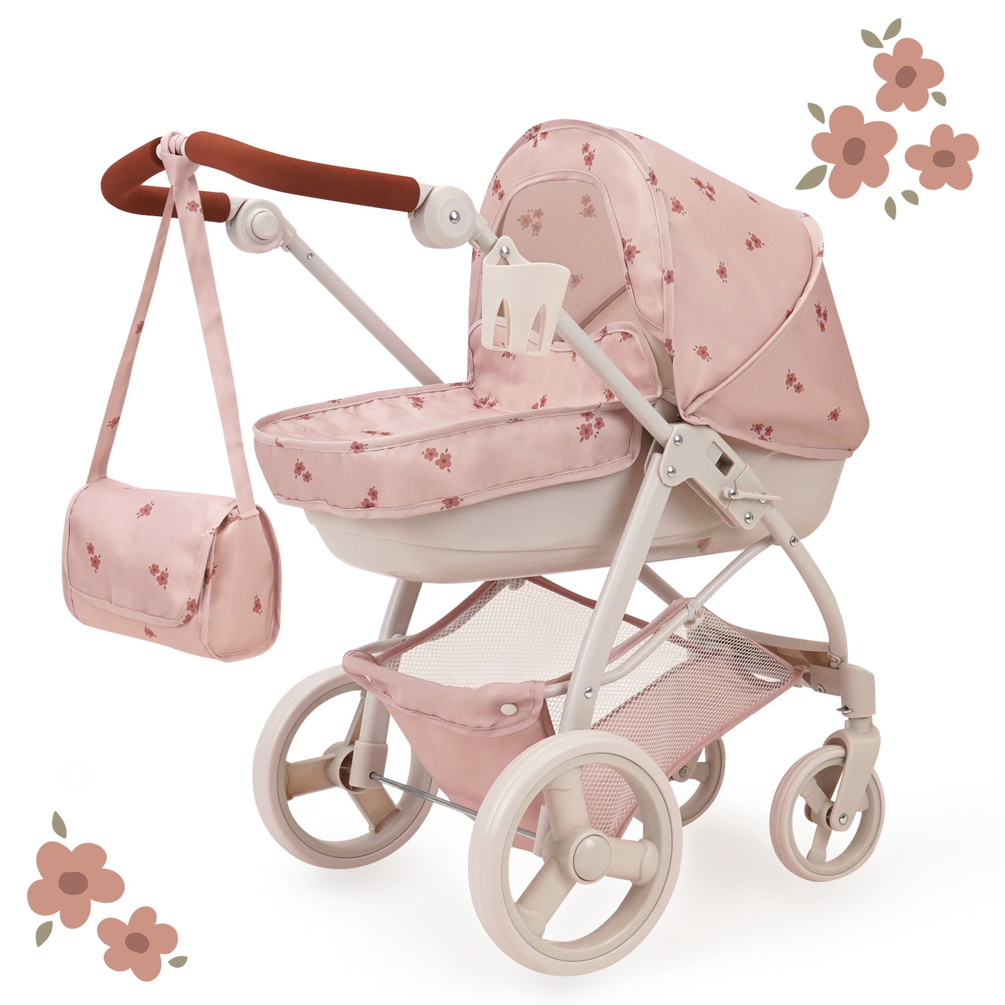 509 Crew: Ballet Flora - Bella 2-In-1 Doll Pram - Soft Pink Flower, Handbag, Removable Bassinet, Canopy-Adjustable Handle, Doll Accessory Toy, Kids 3+