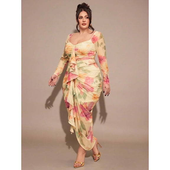 Yellow Plus Size Womens Floral Print Ruched Square Neck Long Sleeve Maxi Dress With Ruffle Hem