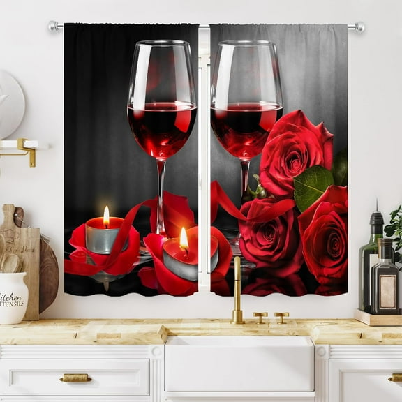 Red Kitchen Curtains 27.5W x 39H Rod Pocket Burgundy Curtains Rose Wine Decor for Women Girls Black Red Cafe Curtains Romantic Floral Flower Love Art Print Small Short Window Drapes 2 Panels