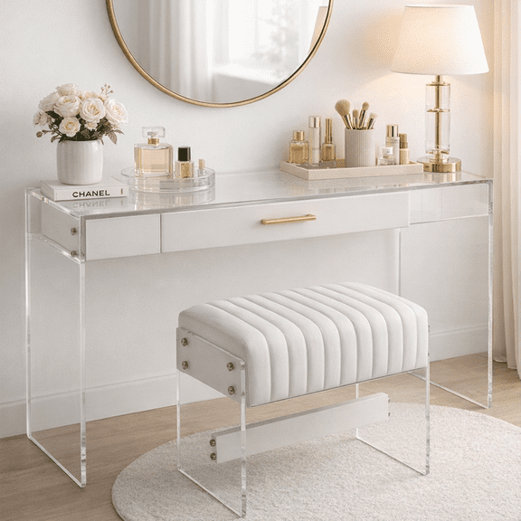 Modern Luxury Minimalist Dressing Stool with White PU Leather and Acrylic Legs
