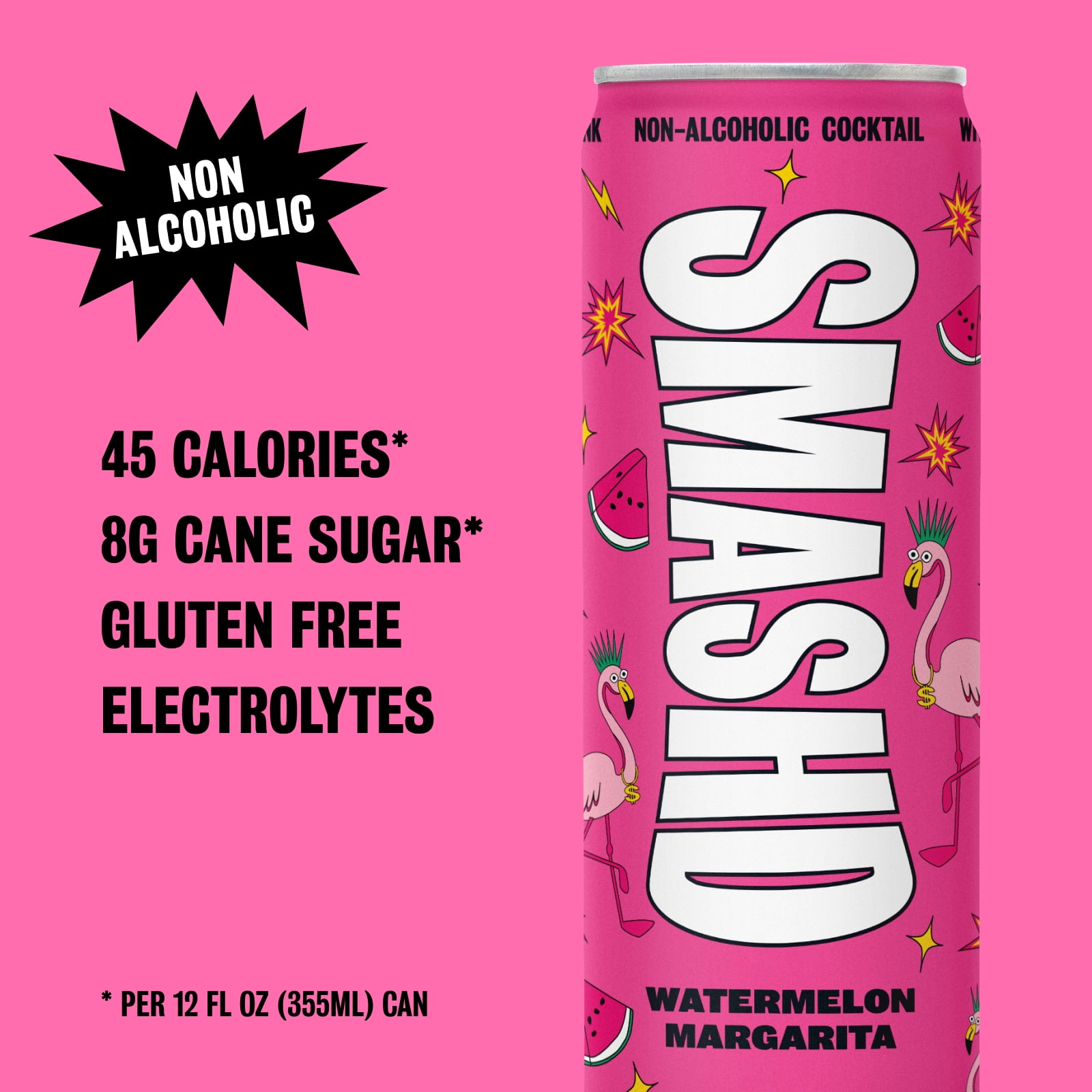 SMASHD Alcohol-Free Mocktails, Non-Alcoholic Beverage Flavored Sparkling Water, Tequila alternative No Artificial Flavors, Caffeine-Free, with electrolytes, 12 Oz&nbsp;Watermelon Margarita, 12 Pack