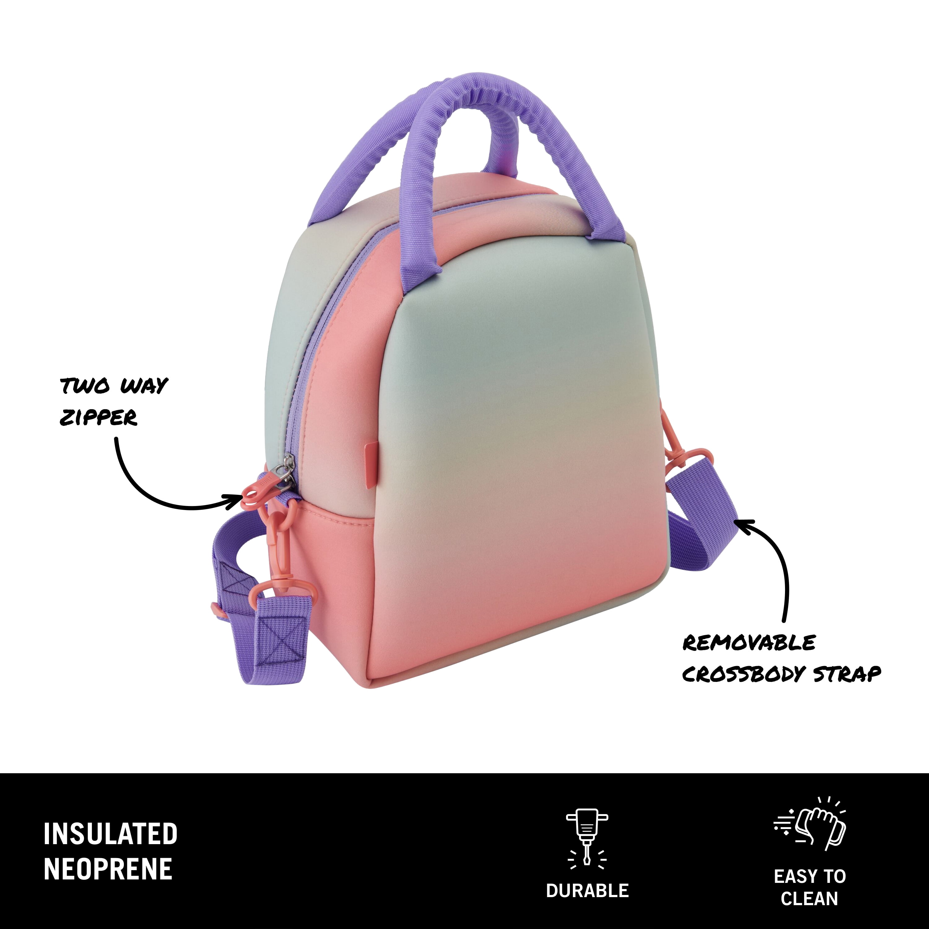 BUILT Neoprene Reusable Kid's Lunch Bag Ombre Coral, Mint, Lavender