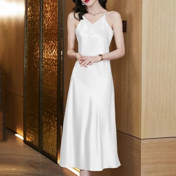 ALSLIAO - Vestido de mujer de satén sintético de seda, con tirantes, sexy, con escote en V, para fiesta, color blanco, talla M