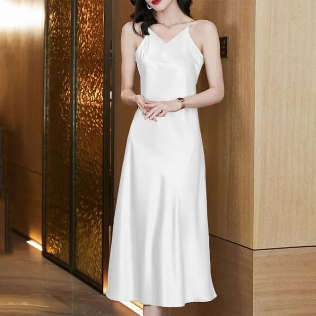 ALSLIAO - Vestido de mujer de satén sintético de seda, con tirantes, sexy, con escote en V, para fiesta, color blanco, talla M
