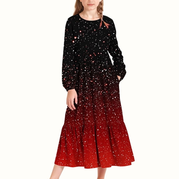 Floleo Girls Round Neck Long Sleeve Casual Gradient Print Dress With Side Pockets Comfortable Outfit For Daily Party Travel Parties Beach Vacations And Leisure Activities(Red,14Years)