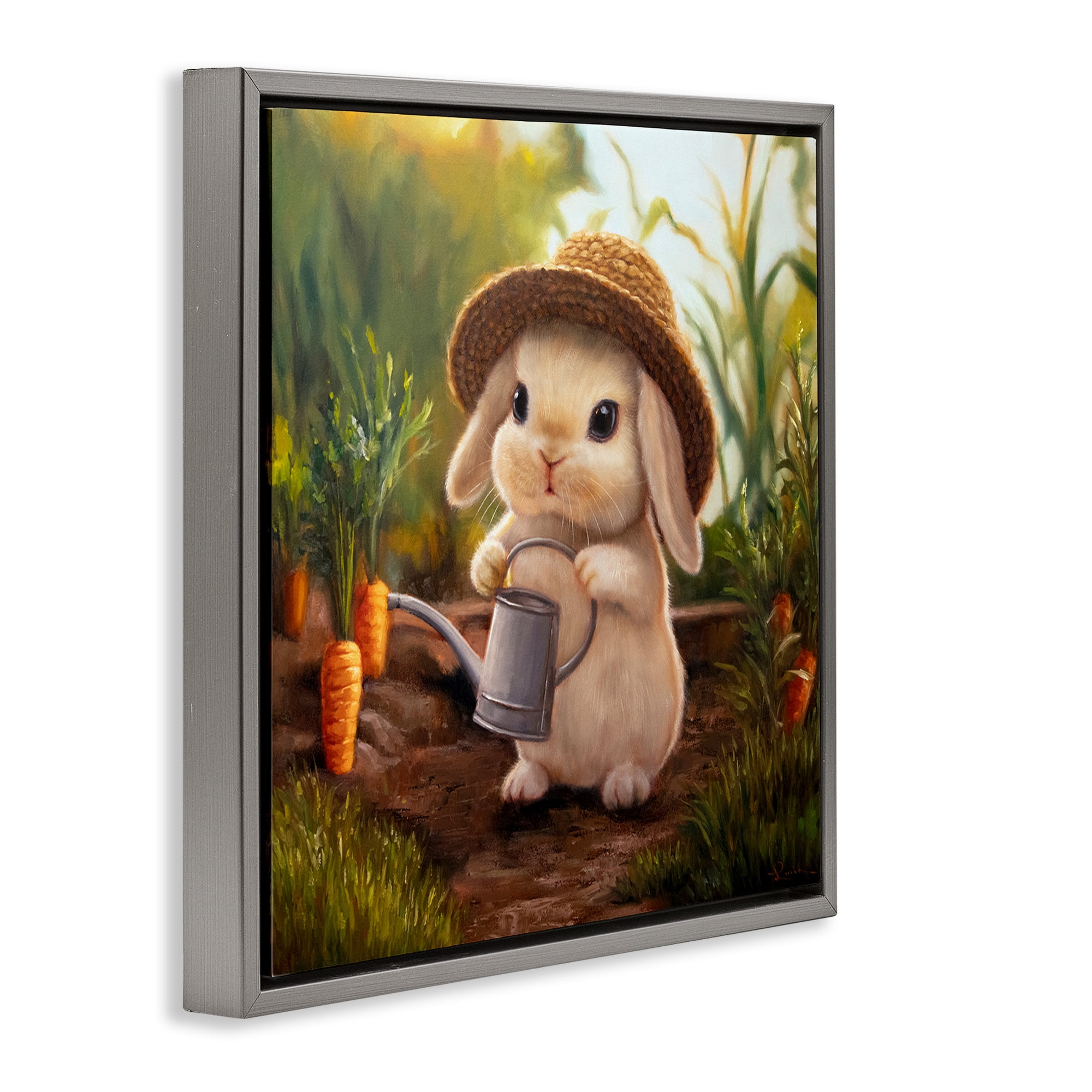 Stupell Industries Bunny with Carrot Garden Gray Framed Floater Canvas Wall Art, design by Lucia Heffernan