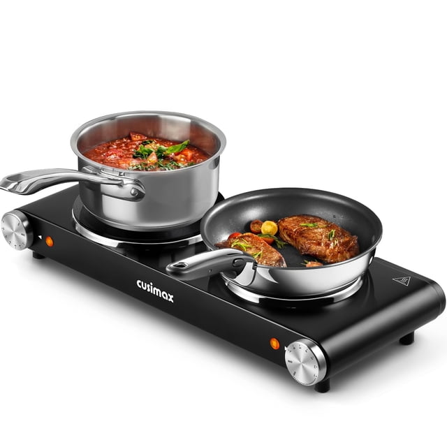 CUSIMAX Plaques Chauffantes Doubles Brûleur Électrique, Surface de Cuisson de Comptoir 1800W avec Contrôle de Température Réglable, Plaques Chauffantes pour la Cuisson Réchaud Électrique Portable
