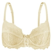 Wingslove Women’s Sexy Lace Bra Underwire Non Padded Full Coverage Unlined Plus Size Bralette,Beige 38C