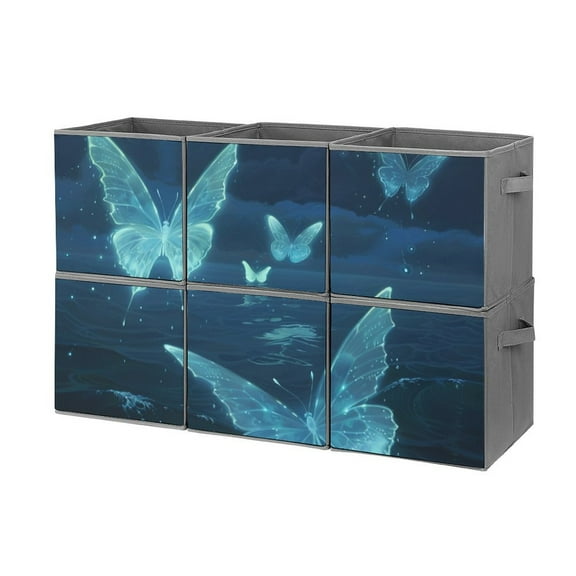 Collapsible Oxford Fabric Storage Cubes with Handles, Large Mid Foldable Oxford Cloth Bins Set of 2/6, Closet Organizers for Shelves Clothes Home Kitchen Toy - Butterfly Ocean