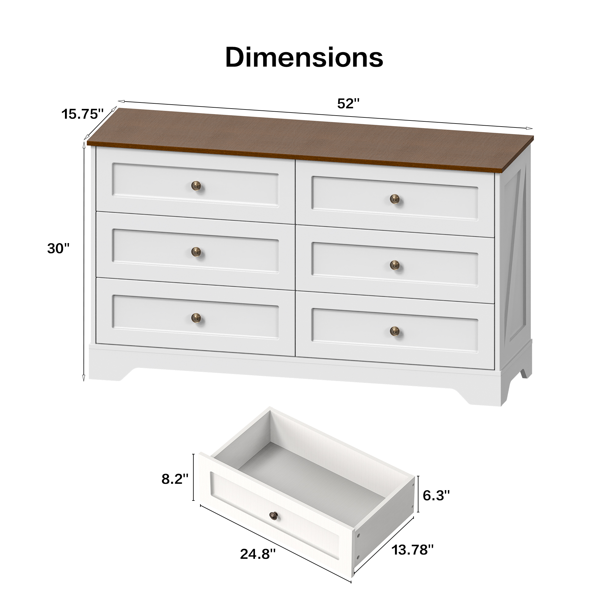 Farmhouse 6-Drawer Dresser, 52" White Wooden Chest of Drawers with Vintage Metal Handles, Large Bedroom Storage Organizer Cabinet, Rustic TV Stand for Living Room & Hallway