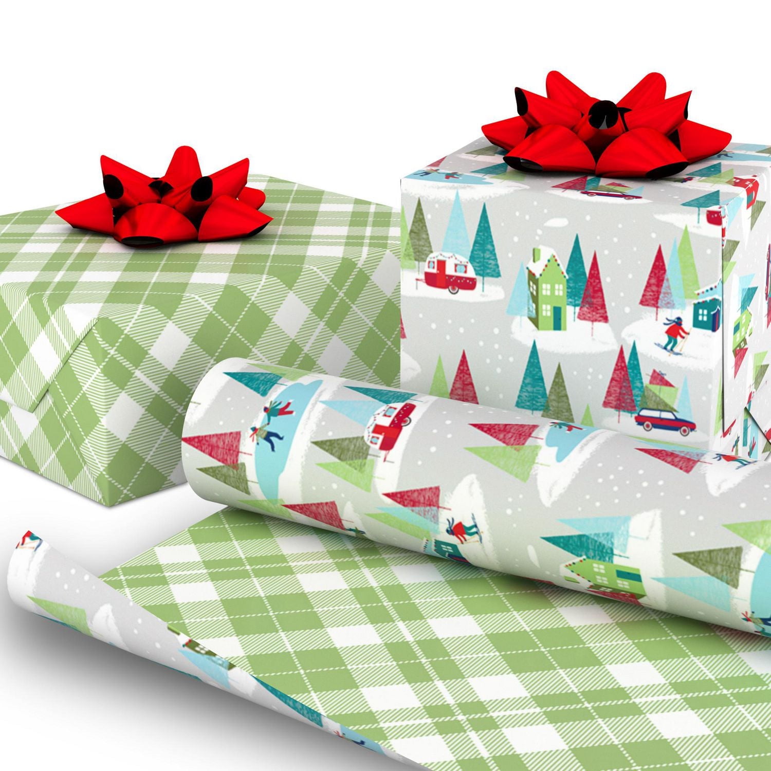 Hallmark Reversible Christmas Wrapping Paper (Winter Village and Green Plaid)