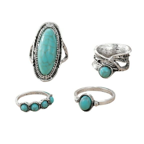 Lifetechs 4 Pcs/Set Women Finger Ring Set Bohemia Style Feather Irregular Faux Turquoise Decor Wide Finger Band Jewelry Gift