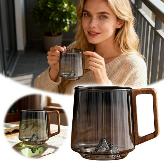 Gray Slanted Glass Mug With Wooden Handle Retro Bottom Design 450ml Capacity Unique Coffee Cup For Kitchen Home And Giving