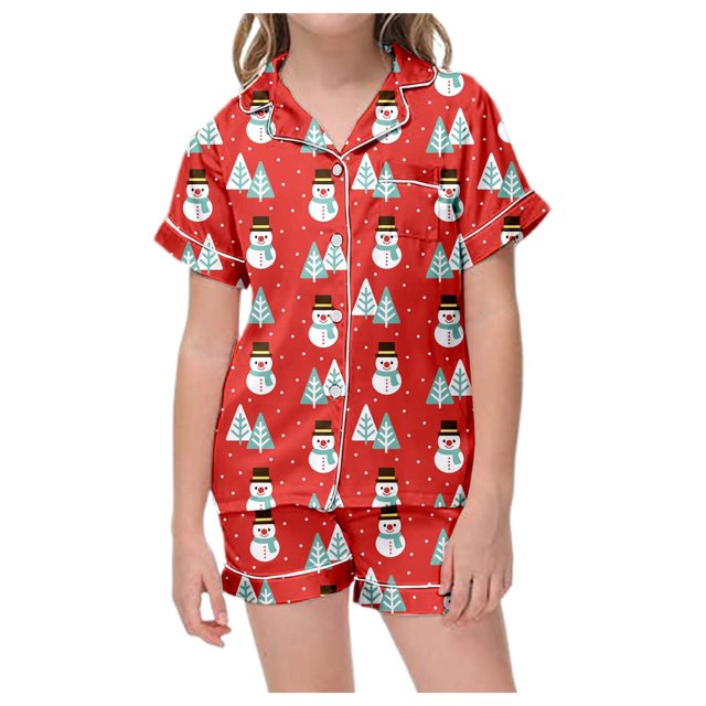 WEAIXIMIUNG Ensemble de Pyjama de Noël Classique pour Enfants, Col Boutonné, Manches Courtes et Shorts, 8-9 Ans