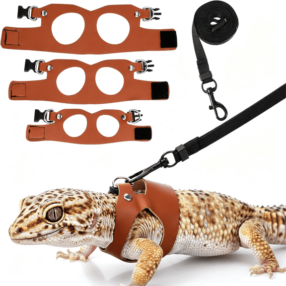 GASTROPOD 3Pcs Bearded Dragon Harness&Leash Set,Small Animal Traction Rope Training Walking Vest Accessories,3-Size Adjustable Soft Leather Lizard Vest Harness Leash for Squirrel Reptile Rat