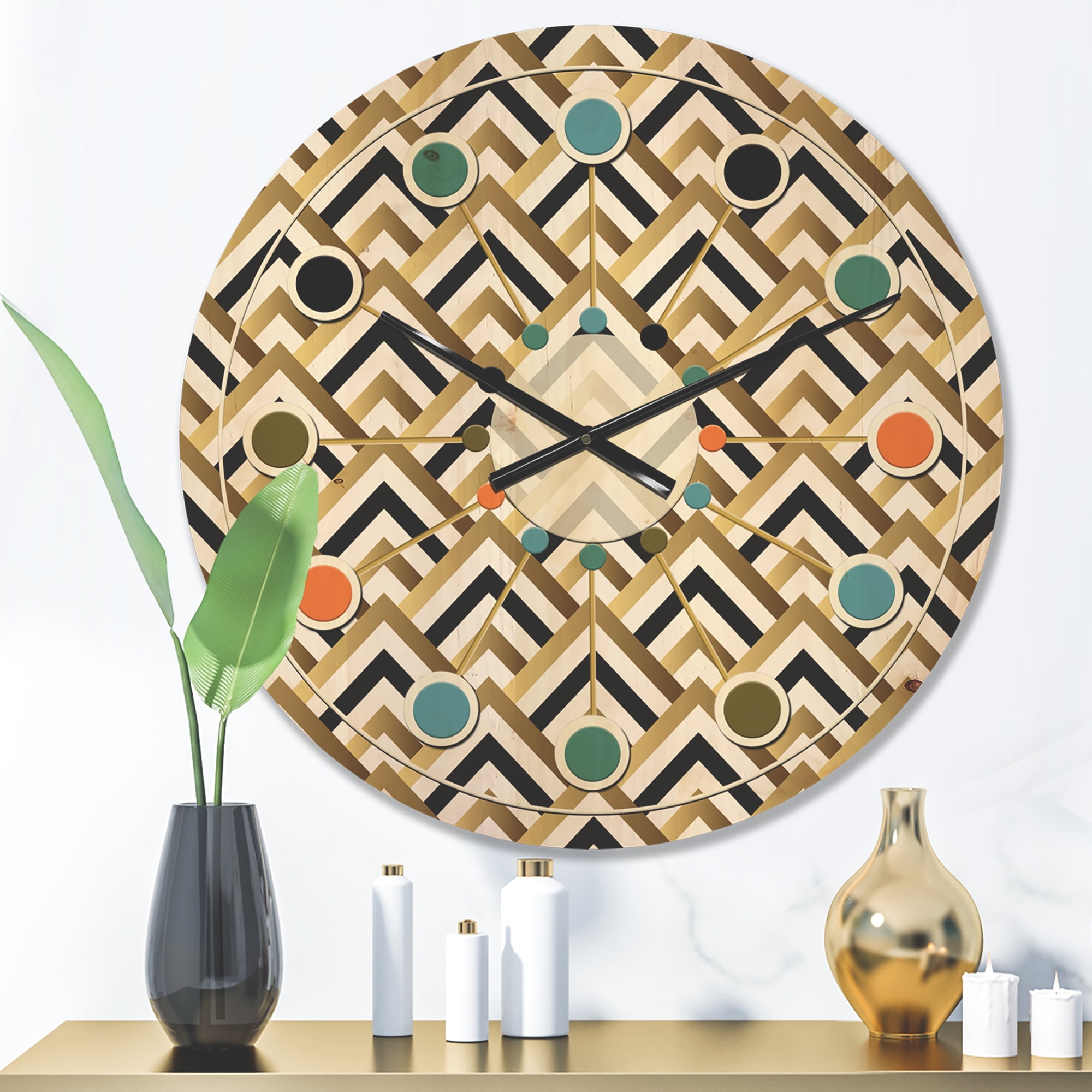 Designart 'White Gold and Black triangle' Mid-Century Modern Wood Wall Clock