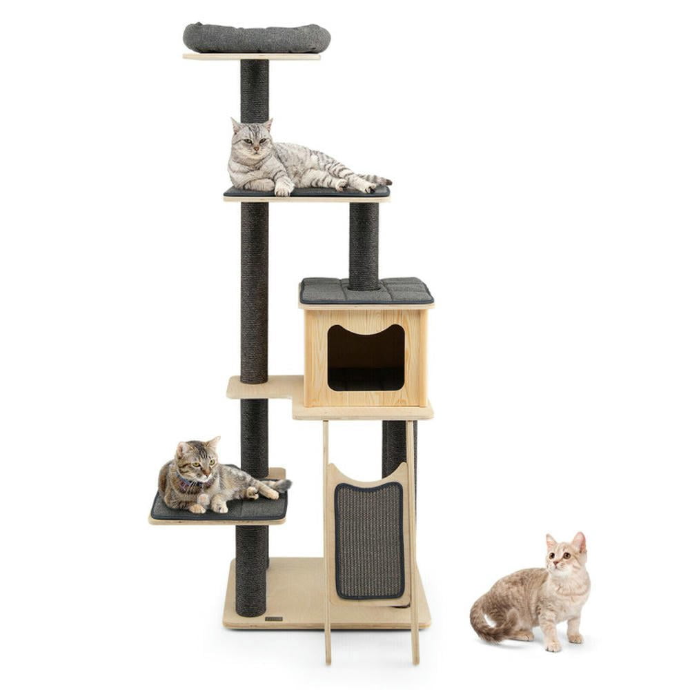 Spaco Cat Tree, 55-Tier Modern Wood Cat Tower with Washable Cushions-Gray, Cat House with Platform Bed, Large Cozy Condo