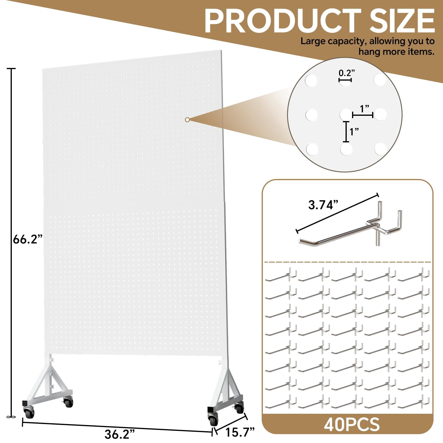 HAIDAIYA Metal Pegboard Display Stand, 3.5' x 5.5' Large Standing Peg Board Panel with 40 Hooks and Wheels, Adjustable Height, Pegboards for Office, Garage, Vendor, Retail Display Rack(White)