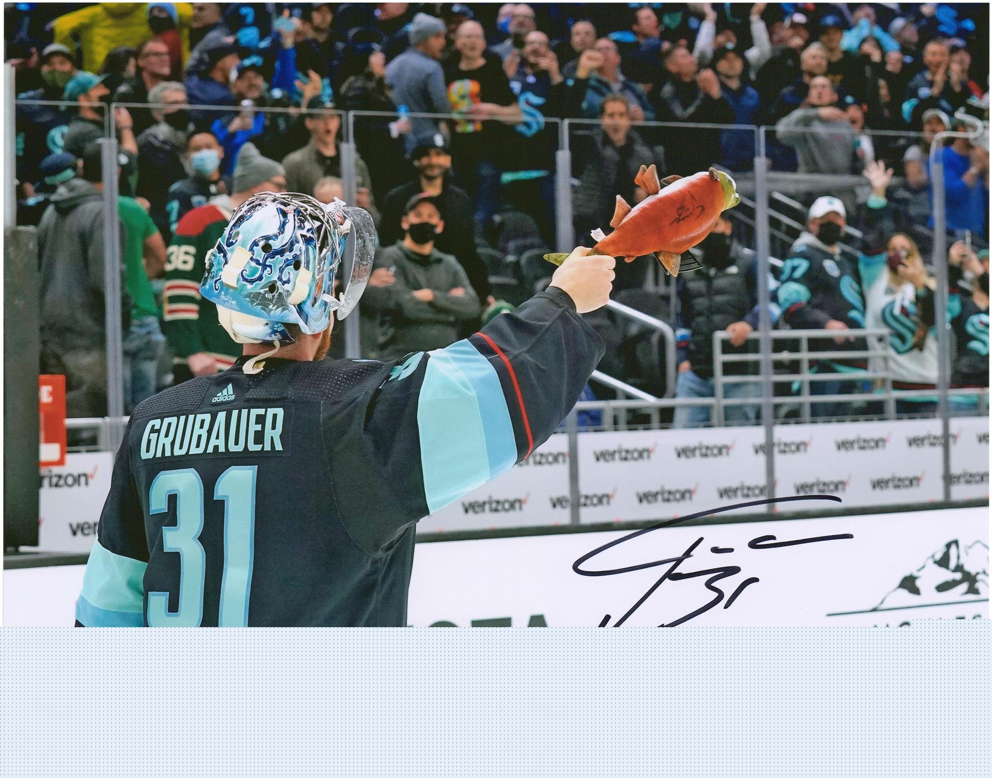 Philipp Grubauer Seattle Kraken Autographed 11" x 14" Salmon Spotlight Photograph - Limited Edition of 32 - Fanatics Authentic Certified