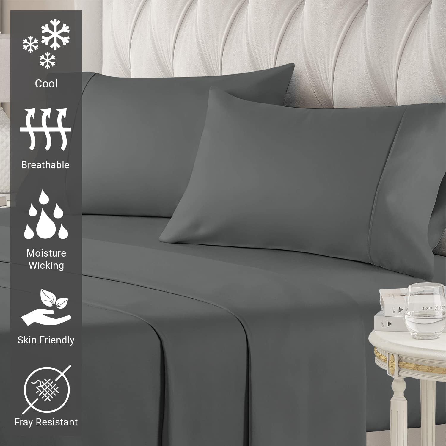 400 Thread Count Cotton Short Queen Sheets Set Dark Gray, 100 Long