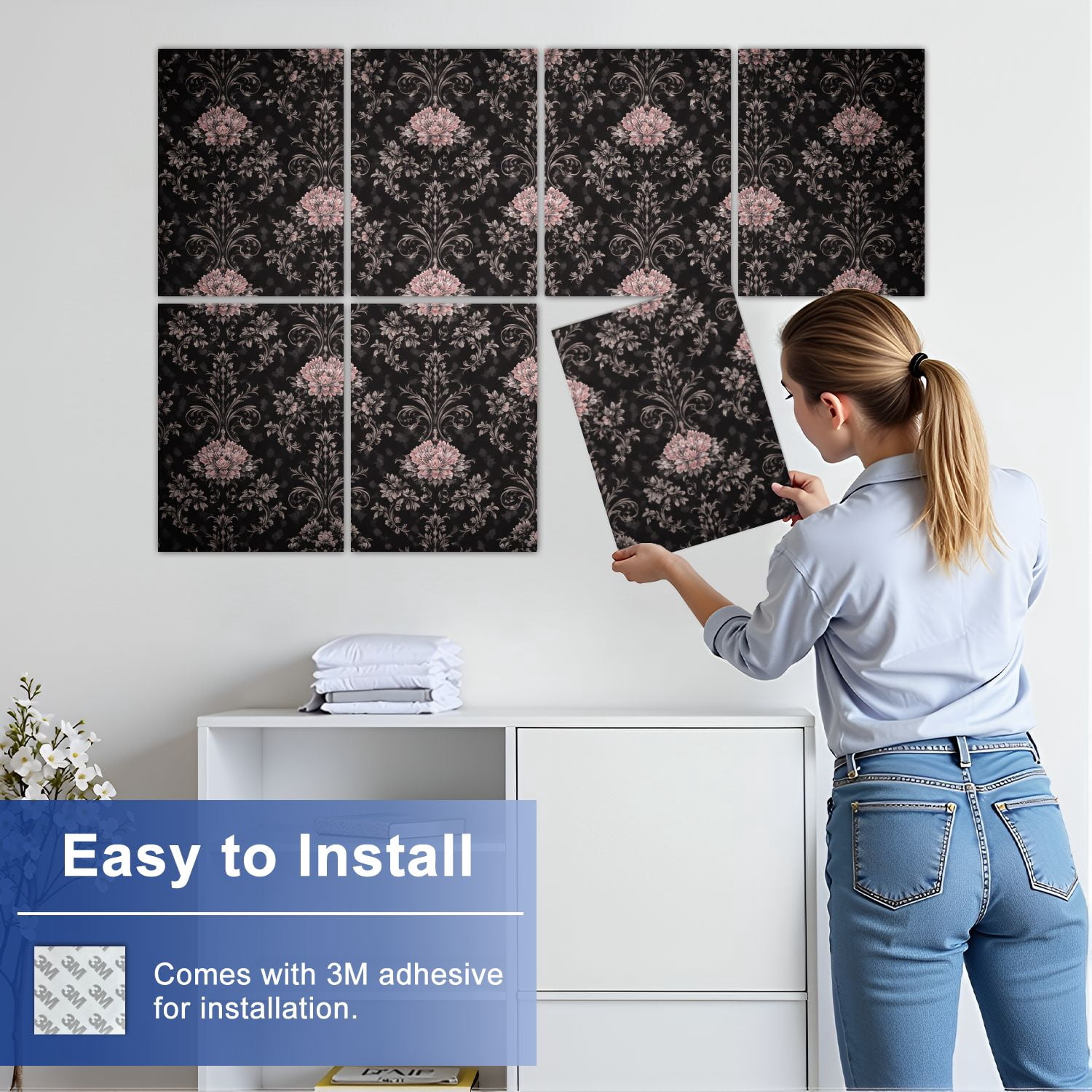 8 Pack Art Acoustic Panels Sound Absorbing black vicorian retro floral texture Decorative Soundproof Wall Panels Self Adhesive for Nursery Game Room Bedroom 48"x32"