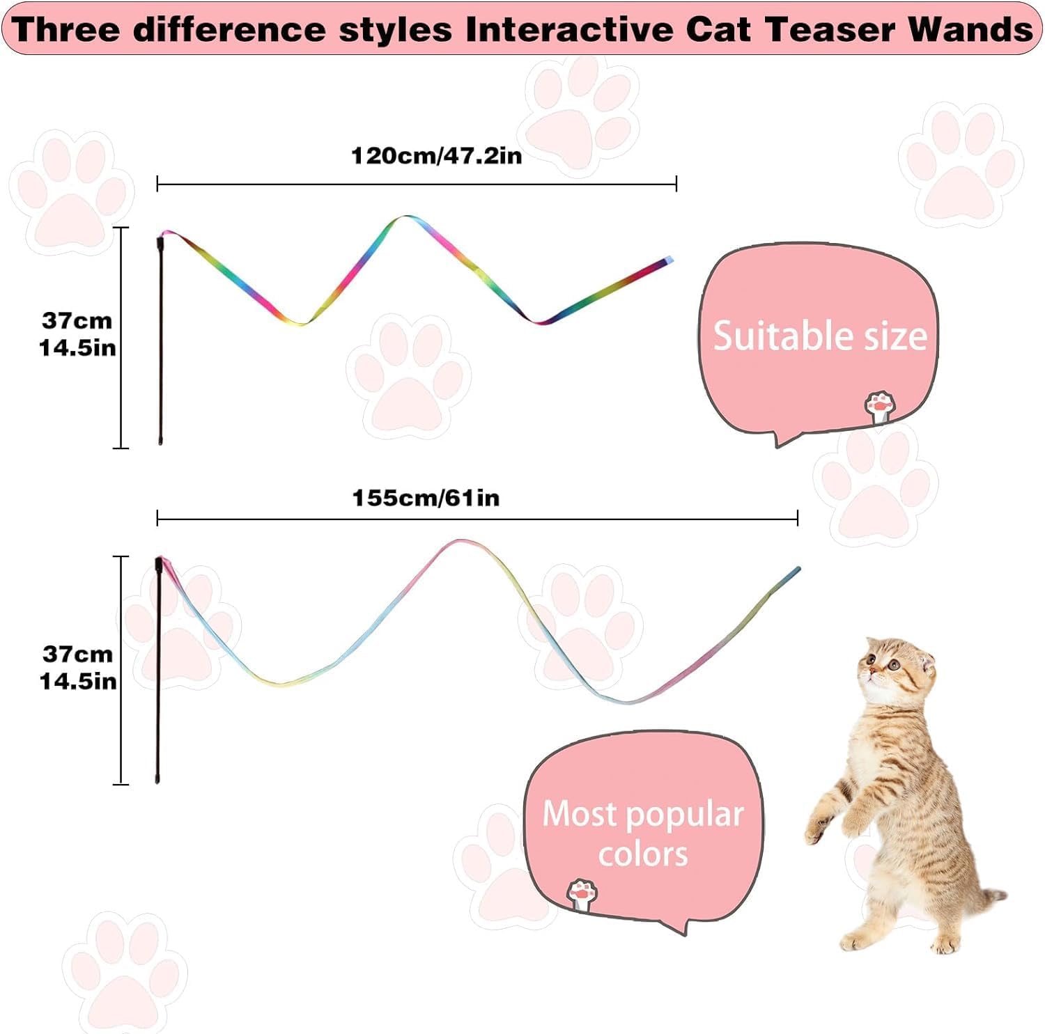 Interactive Cat Wand Toys Interactive Cat Teaser Wand String Ribbon Rainbow Charmer for Cats and Kittens - 20Pcs