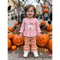 thumbnail image 5 of RUINIXCW Toddler Baby Girl Thanksgiving Halloween Outfit Infant Baby Girls Fall Clothes Turkey Ghost Embroidery Long Sleeve Ruffled Shirt Tops and Striped Bell Bottoms 2 Pcs Set, 5 of 9