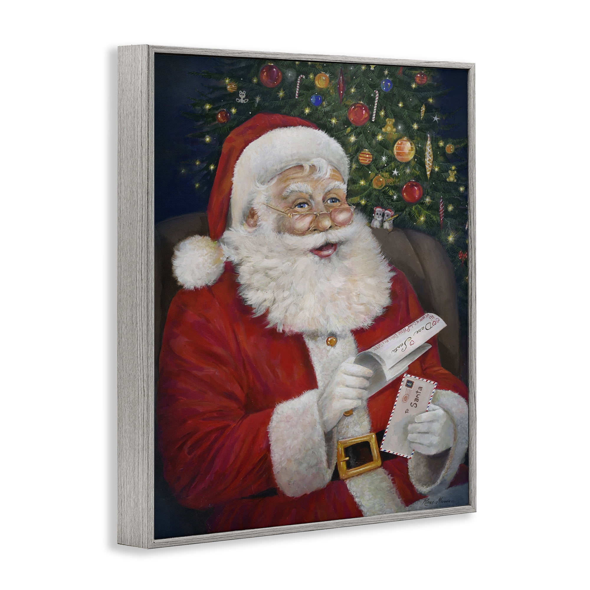Stupell Industries Merry Santa Claus Holiday Painting Gray Framed Art Prints Wall Art, 16 x 20