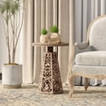 thumbnail image 3 of COZAYH Rustic Farmhouse Wooden End Table, Distressed Round Accent Table with Intricate Carved Floral Patterns, Boho, for Living Room, Bedroom, or Entryway, Distressed Wood Color, 3 of 5