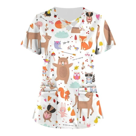 

SENDKEEL plus size tops for womenPlus Size Cute Printed Scrub Working Uniform Tops For Women Cross V-Neck Short Sleeve Fun T-Shirts Workwear Tee With Pockets