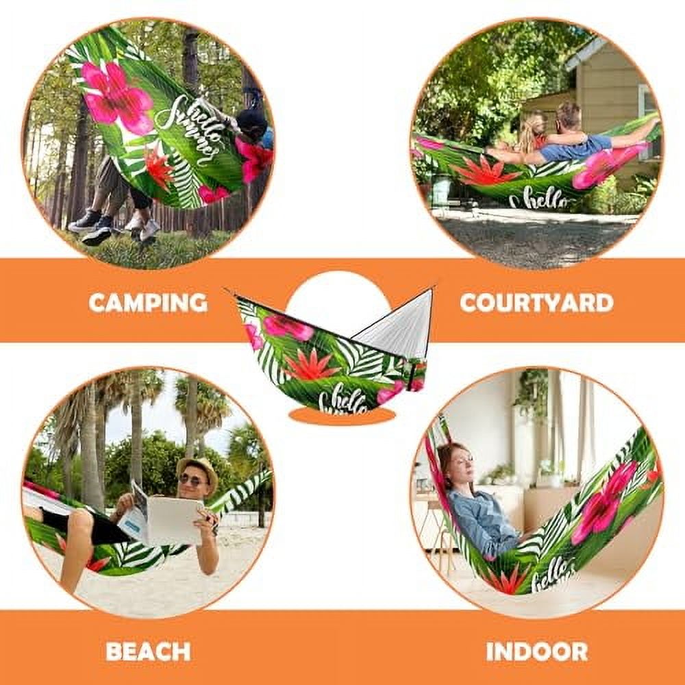 Hammock Double & Single Portable Hammocks with Storage Bag Travel Camping Beach Hiking Backpacking Patio Backyard-Indoor Outdoor Gear Hello Summer Tropical Floral Palm
