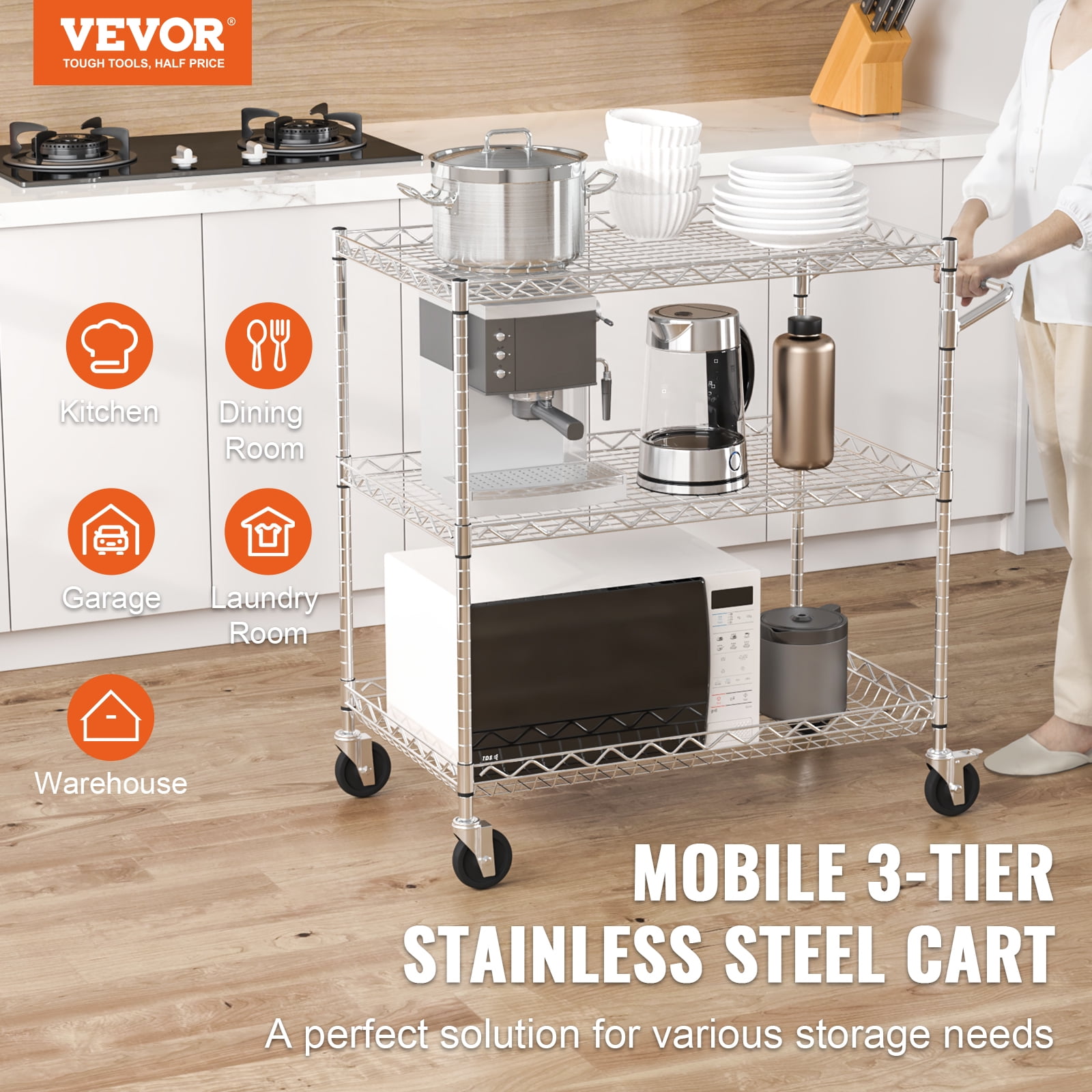 VEVOR 3-Tier Utility Cart Rolling Cart on Wheels 30"x18"x32.4" 661 lbs 6 Hooks